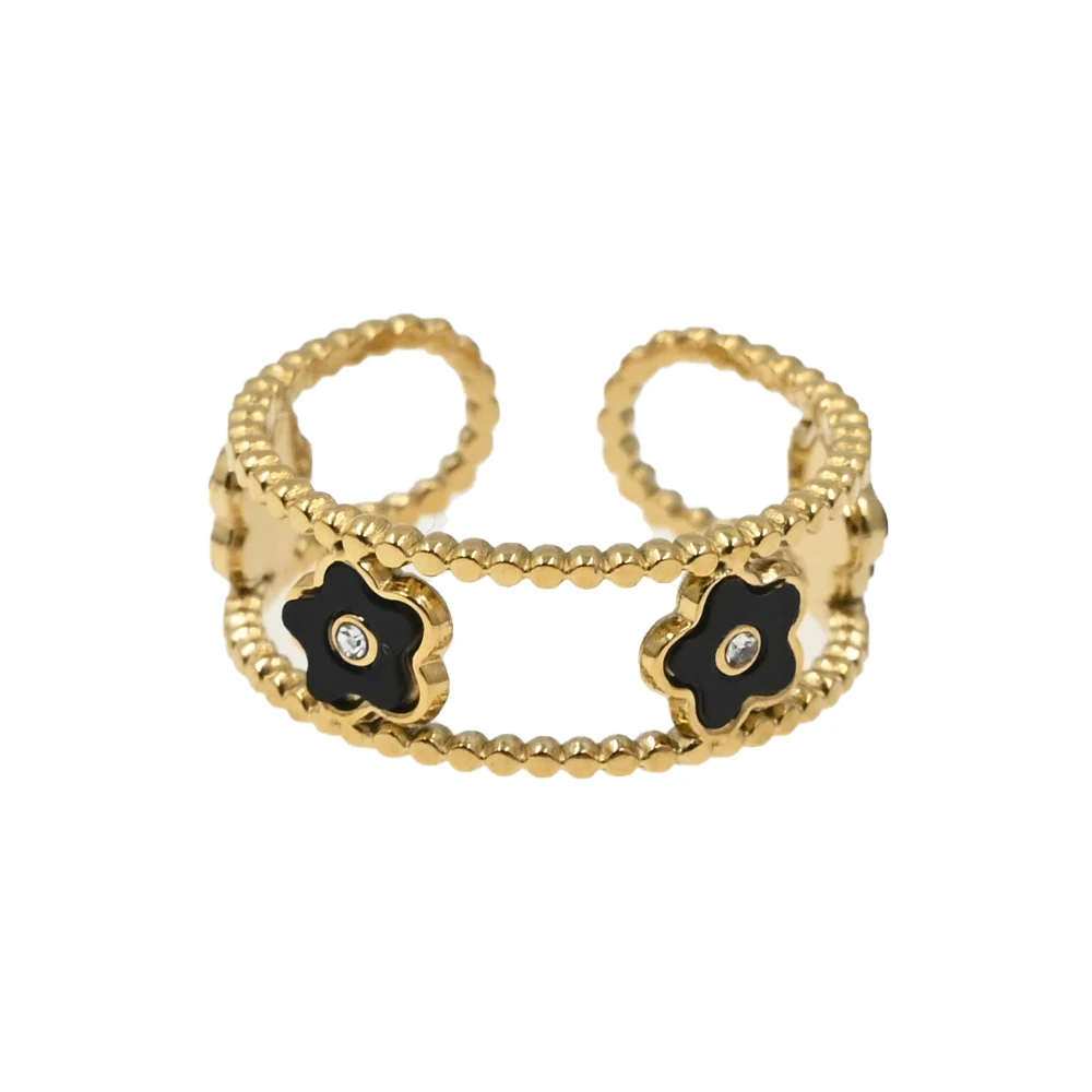 2024 New 18k Pvd Gold Plated Stainless Steel Shell Hollow Flower Clover Open Adjustable Ring Jewelry Bijoux Women