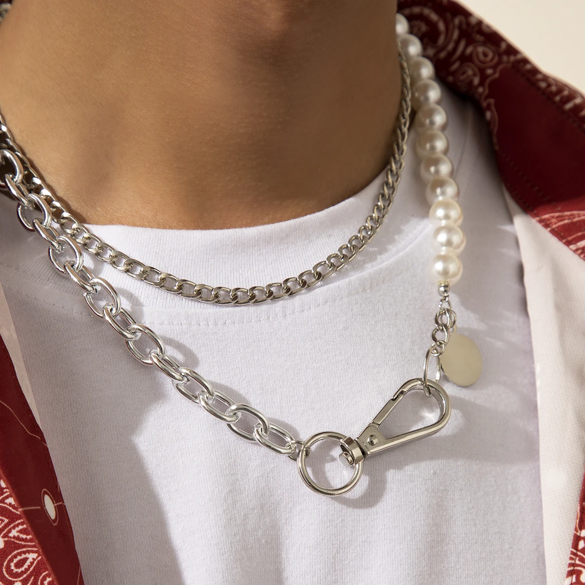 

SHIXIN New Popular Iced out Layered Necklace Keychain Round Pearl Necklace Silver 20 Inches Chain Necklace for Men Women