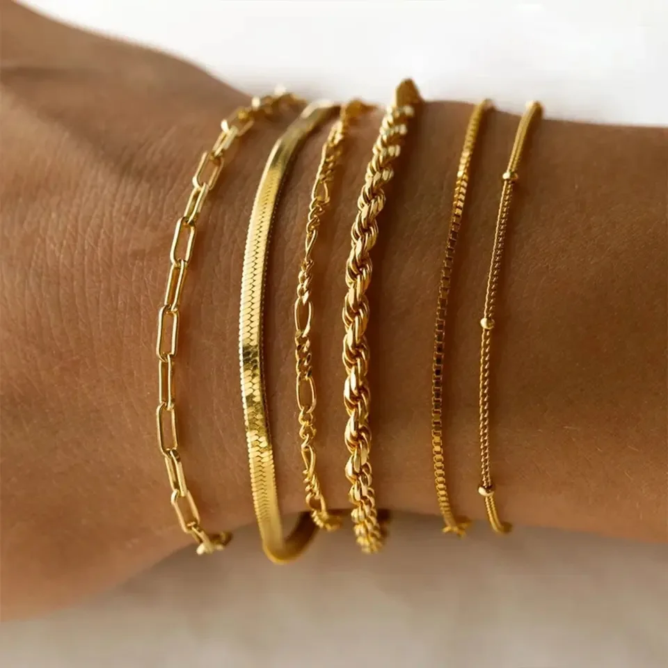 

Flat Snake Chain Herringbone Bracelet 18K Gold Plated Thin Chain Stainless Steel Twist Rope Bracelet Jewelry