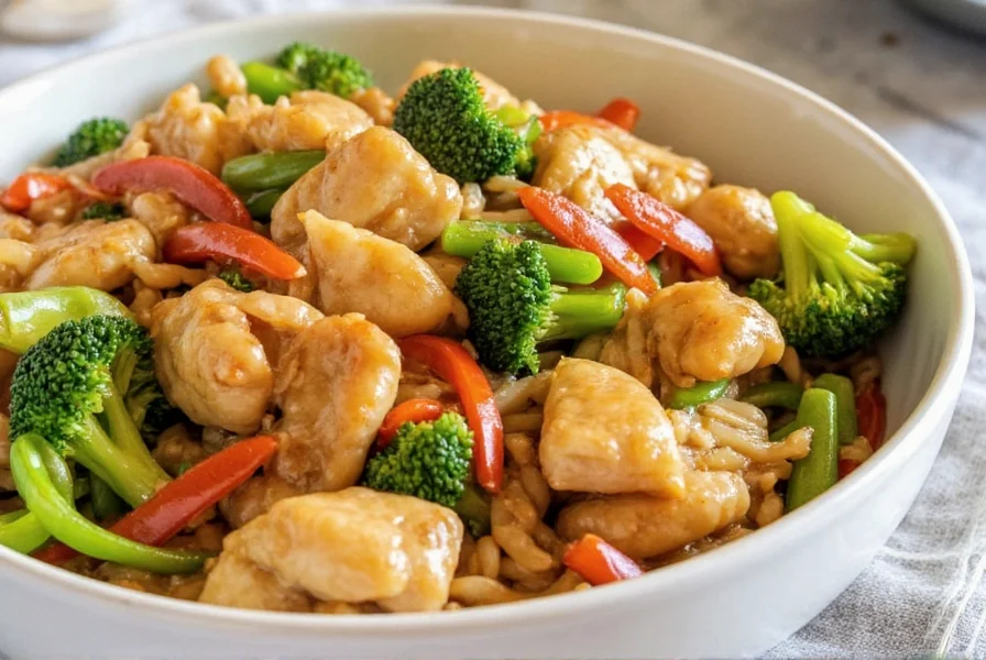 Finished ginger chicken stir fry served over steamed rice