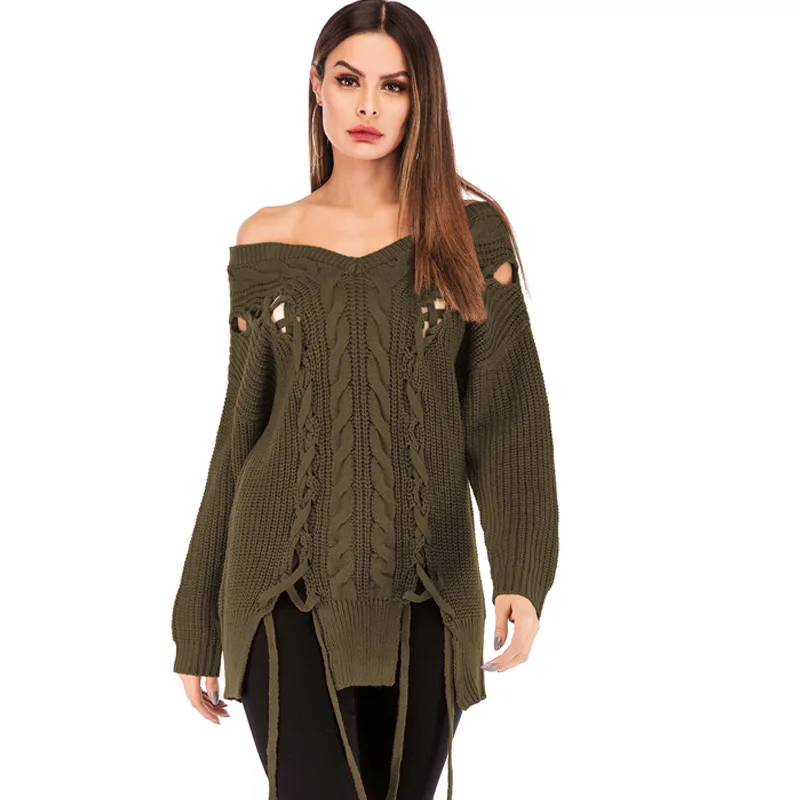 

2021 autumn winter new sexy women's wear large sweater women's V-neck lace up sweater loose casual pull over sweater