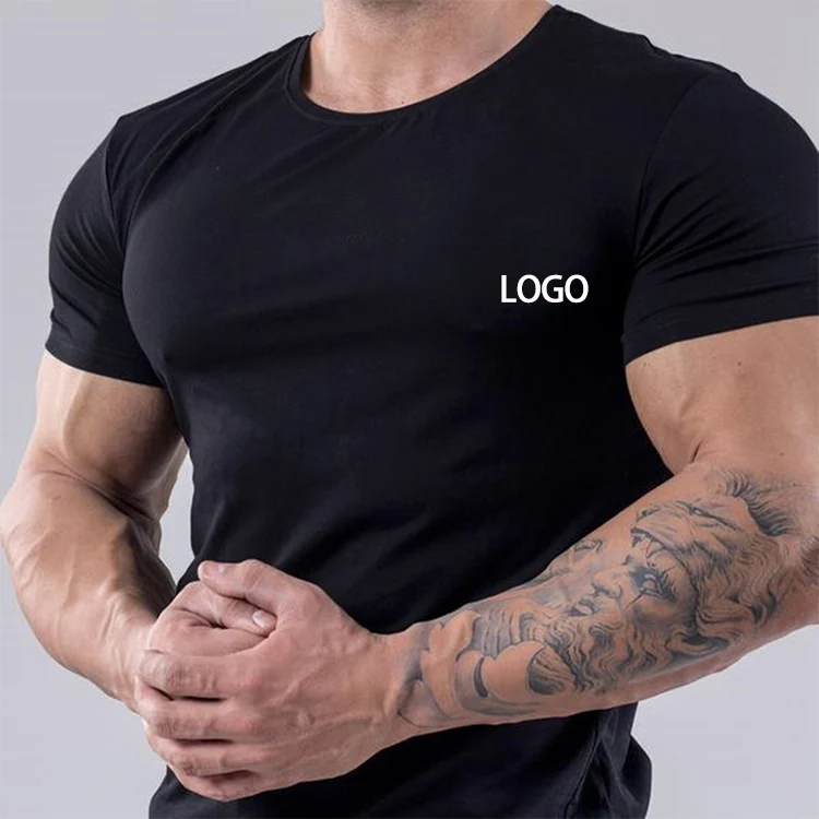 

Cotton elastic short sleeve men's summer solid color sports T-shirt custom pattern fitness sweat absorbing round neck T-shirt