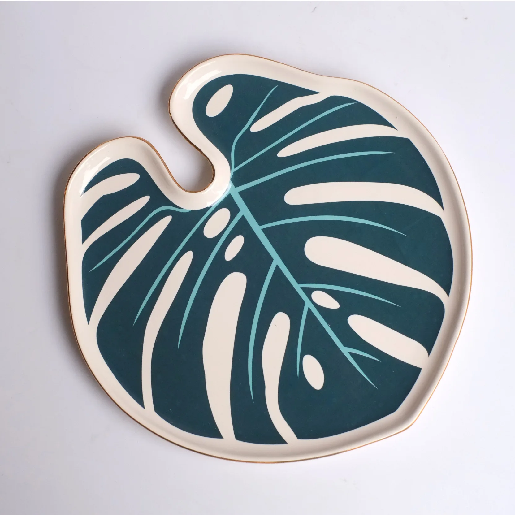 

New American Ins Tropical Plant Monstera Bamboo Ceramic Plate Gold Light Luxury Jewelry Tray Decoration Dining Tray