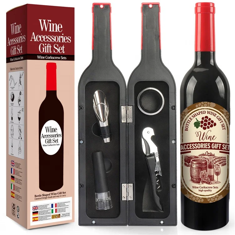 

Wholesale bottle shaped 5 pieces wine accessories gift set wine stainless steel opener gift set, Black
