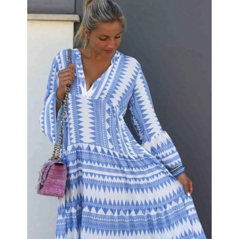 

DS-311 Hot Sell summer Geometric printing long sleeve beachwear chiffon cover up long womens beach dress