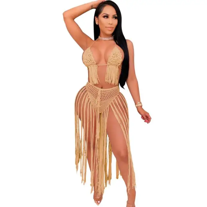 

Sexy Women Swimwear Knitted Set Crop Top Long Tassels Crocheted 2 Pieces Set Swimsuit Cover Up Hollow Out Beach Wear C13702