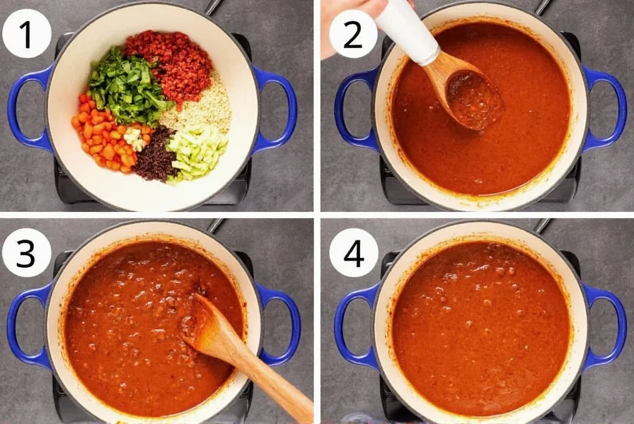 Step-by-step preparation of authentic chili by george recipe showing ingredients being combined in a large pot