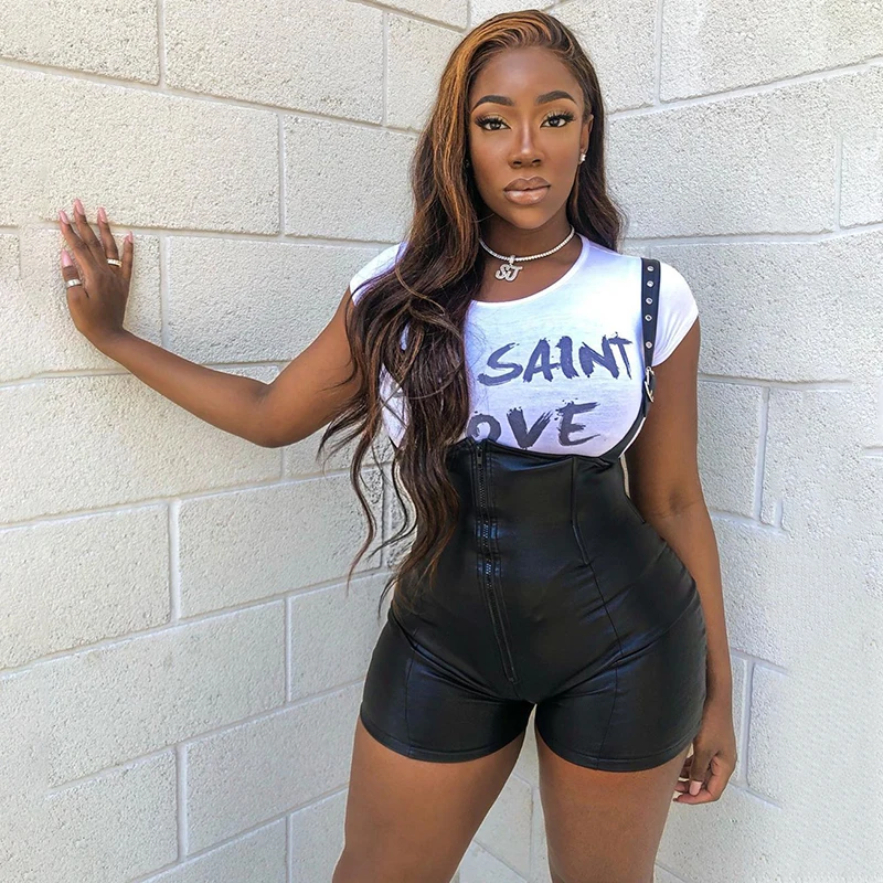 

2021 Summer Sexy Streetwear Women Black Leather Overall Trousers Jogger Sweat Track Cargo Short Pants Ladies