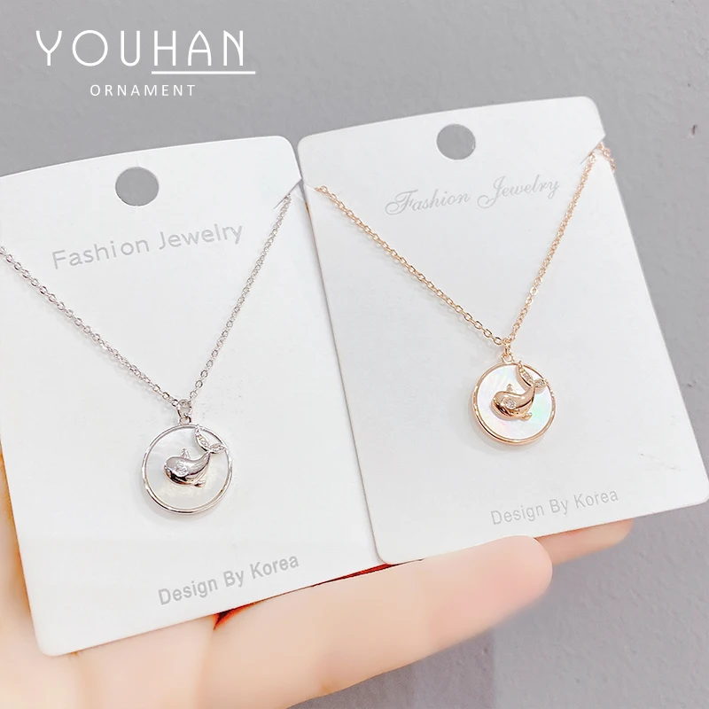 

XL61494 Fashion design gold plated brass zircon women jewelry pearl shell mother dolphin pendant necklaces