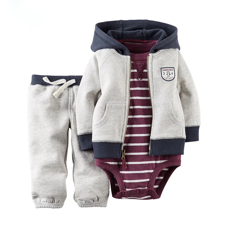 

Wholesale Fashion Children Boys Girls Cotton Hooded Long Sleeve Jacket/Romper/Pants 3pcs Set Kids Clothing Sets Baby Clothes