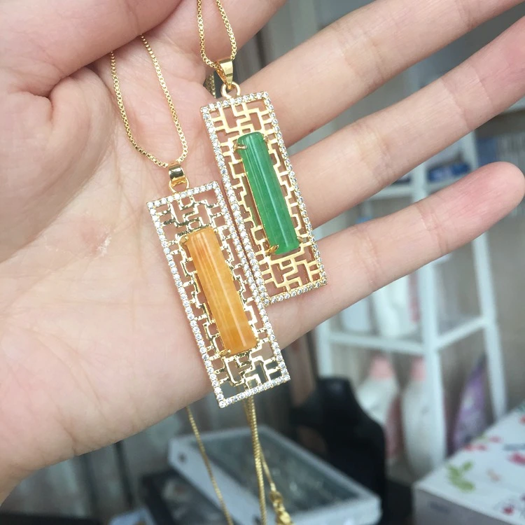 

High Quality Around Zircon Rectangle 18k Gold Plated Jade Necklace For Women Pendant Necklaces Accessories Jewelry, Green , yellow