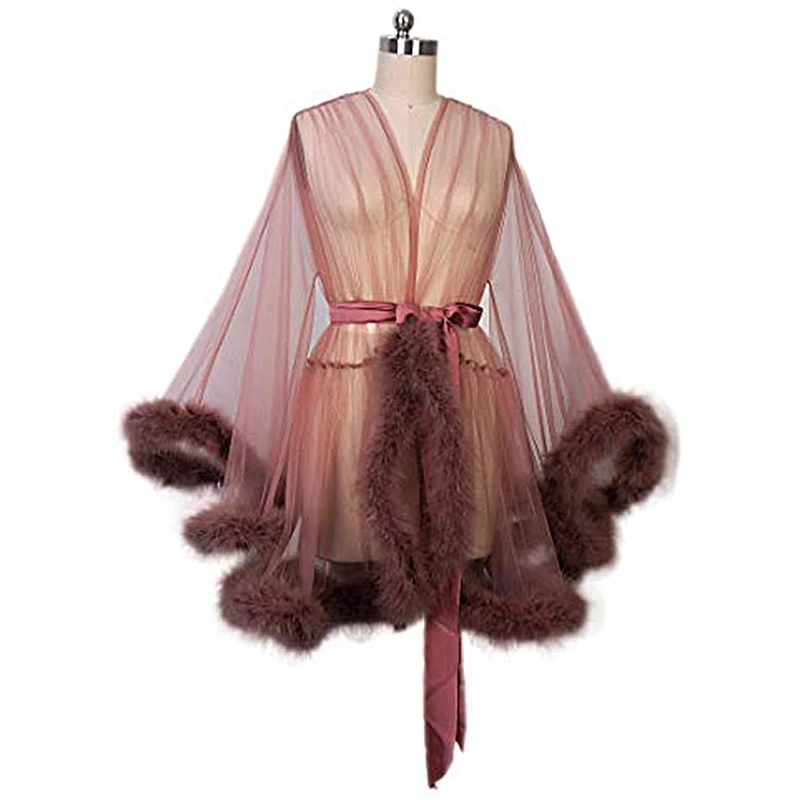 New Design Women Gorgeous Red Long Sheer Sexy Fluffy Fur Trimmed Robe ...