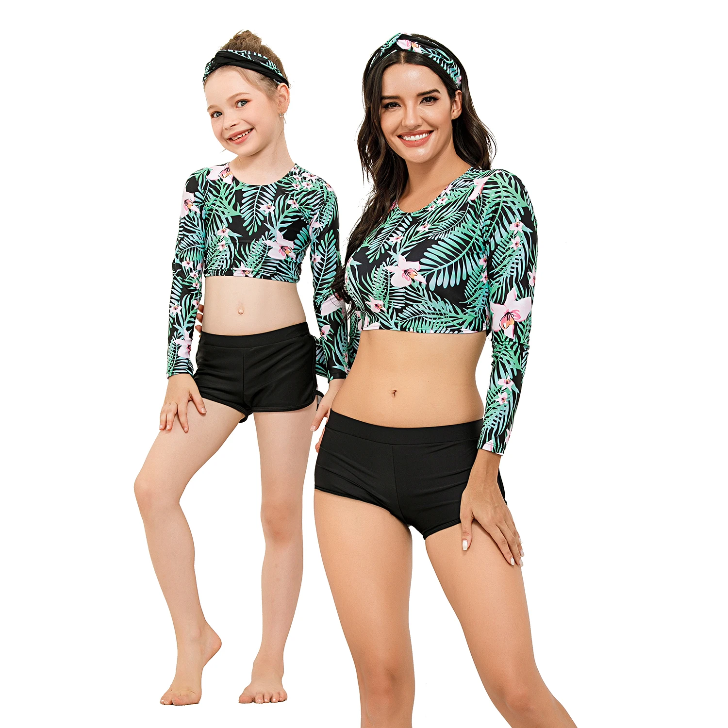 

Lastest Headband Crop Long Sleeve Cross Swimwear Tropical Leaves Bathing Suits Mummy and Me Surf Swimsuit