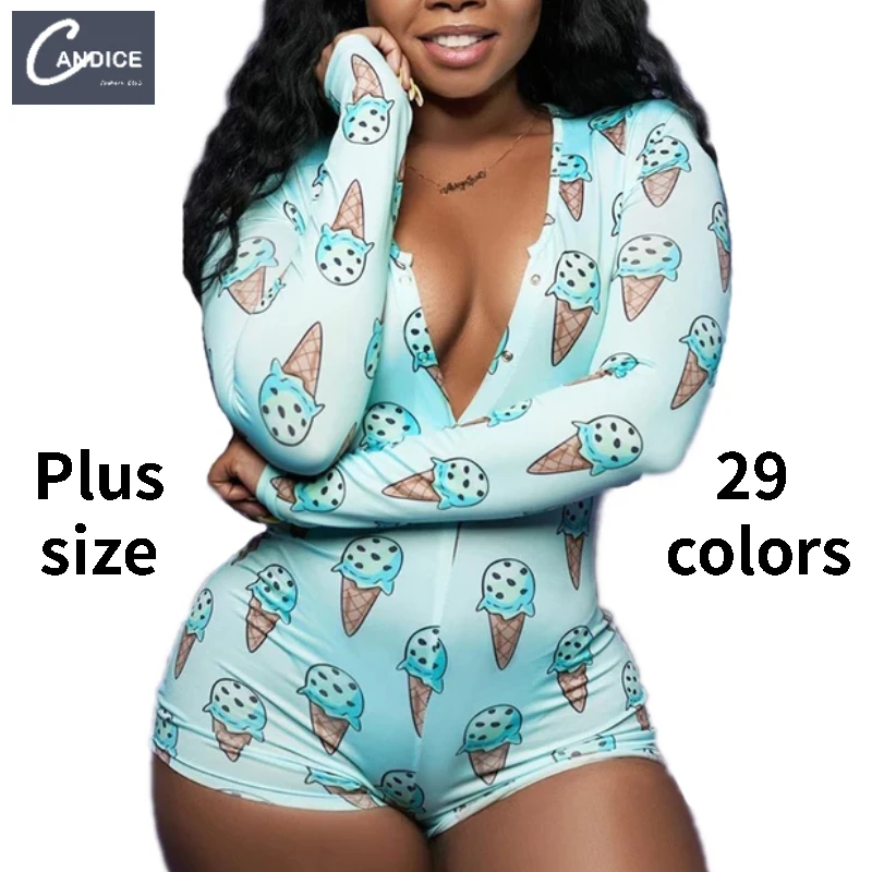 

Candice hot sale Amazon supplier print slim sexy bodysuit adult sleepwear pajamas nightwear custom onesies for women