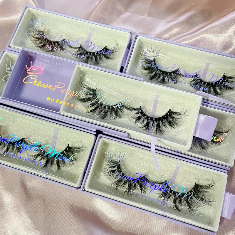 

Handmade full strip lashes wispy 25mm mink eyelashes wholsale custom purple lashbox packaging with logo, Natural black