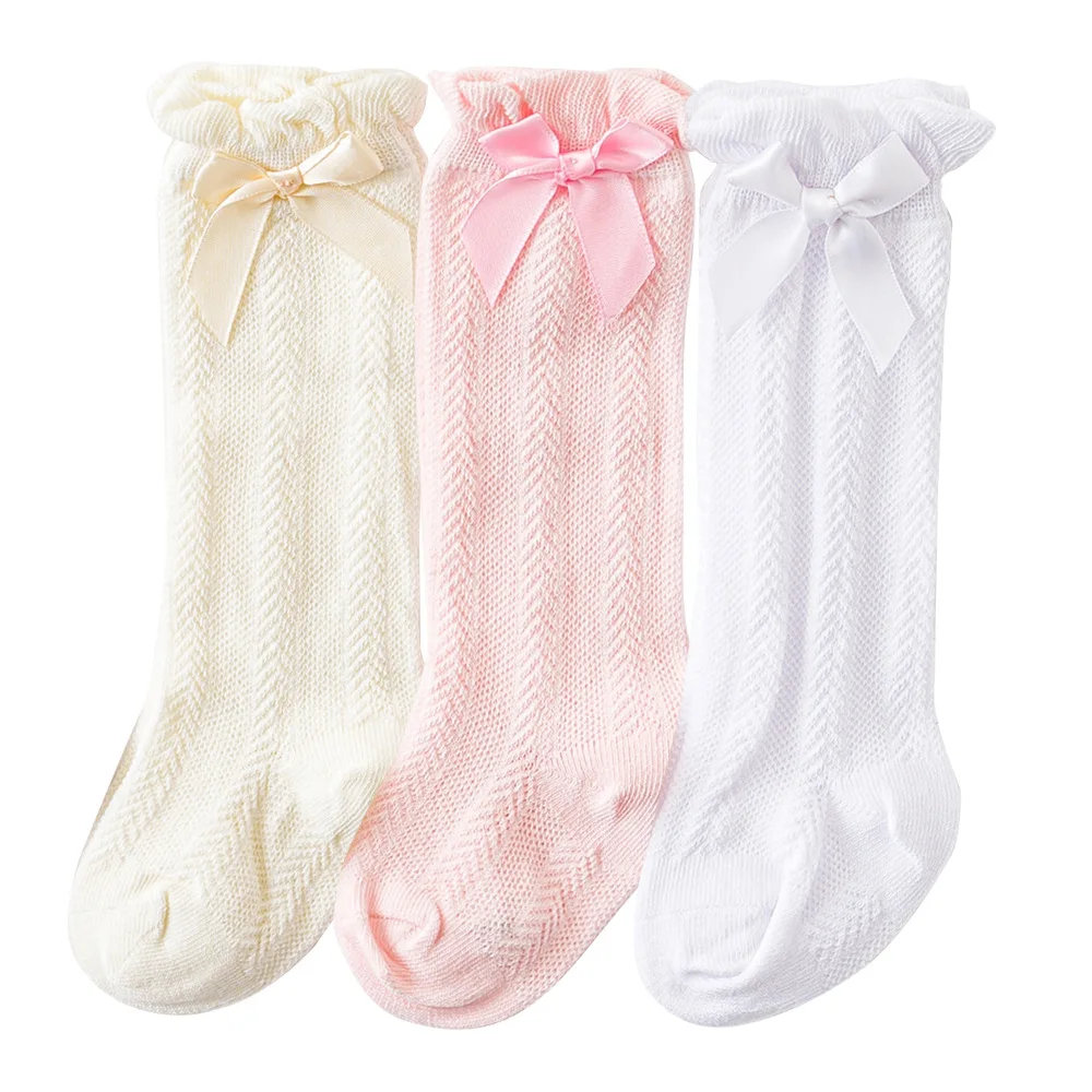 

2021 Newborn Cotton Cute Long Baby Socks Pink White Bow Knee Socks for Baby, White/pink/beige