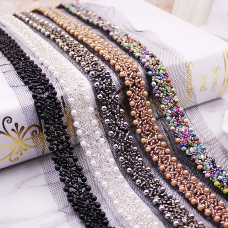 

garment accessories 1.5cm width manual crochet work beaded neckline trims, White, black, gun metal, champagne, colored