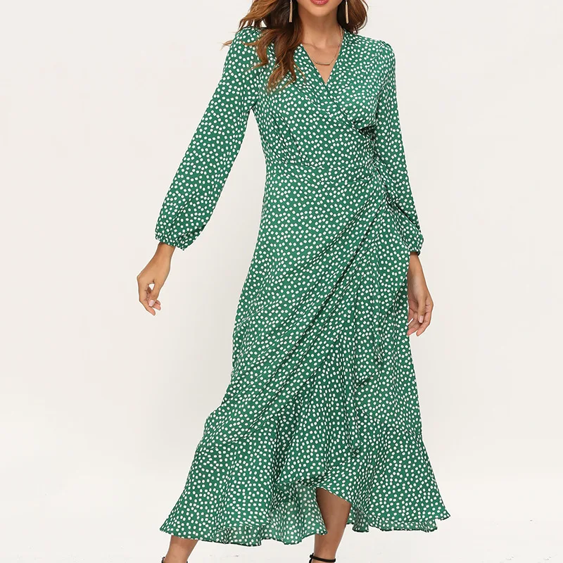 

2020 New Arrival spring autumn v-neck long sleeve polka dot print chiffon high waist leisure women ladies casual dresses