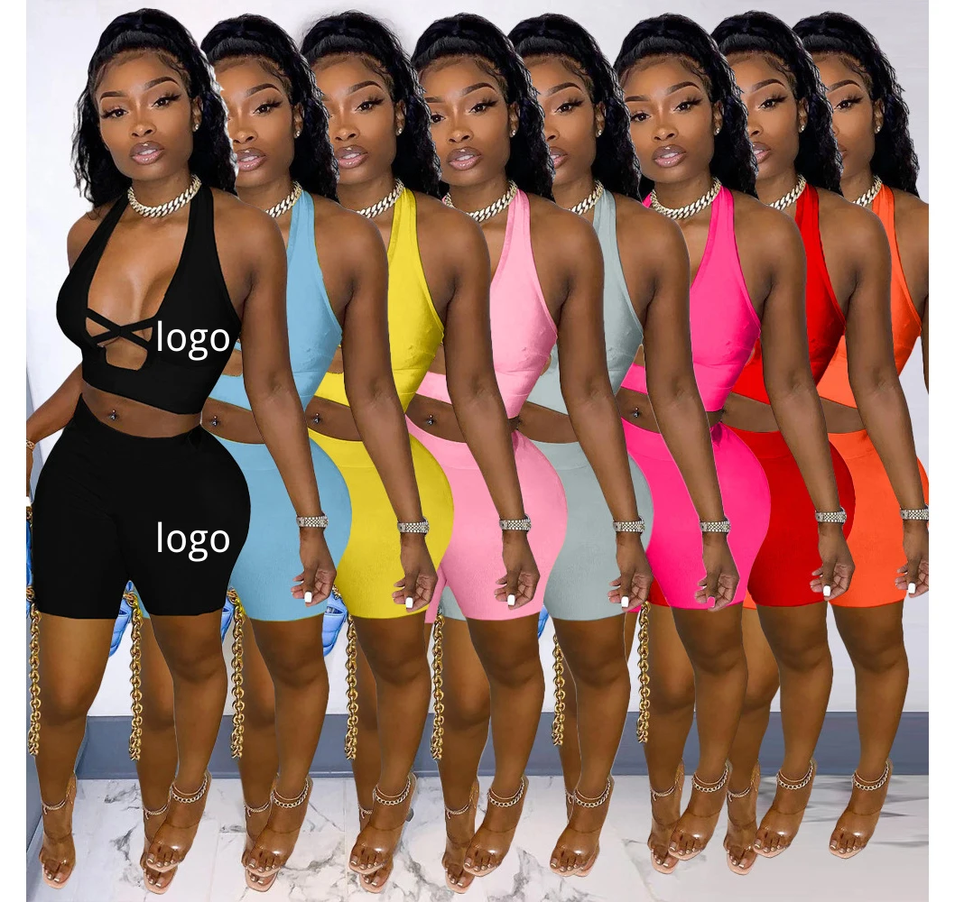 

2022 Summer Solid Color Solid Color Cross Hollow Out Halter Crop Top High Waist Shorts Club Outfits For Women Sexy, Picture color