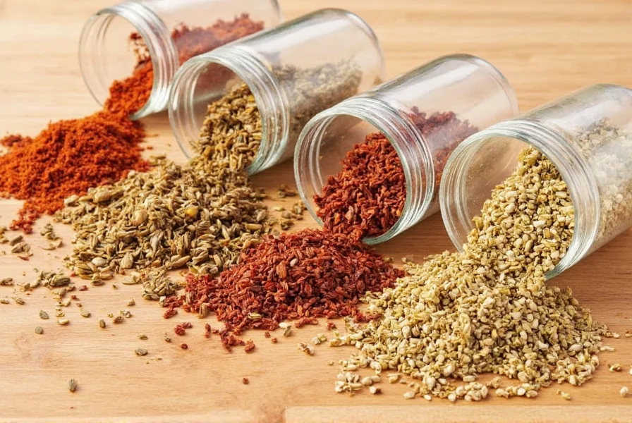 Well-stocked spice rack with fresh jars