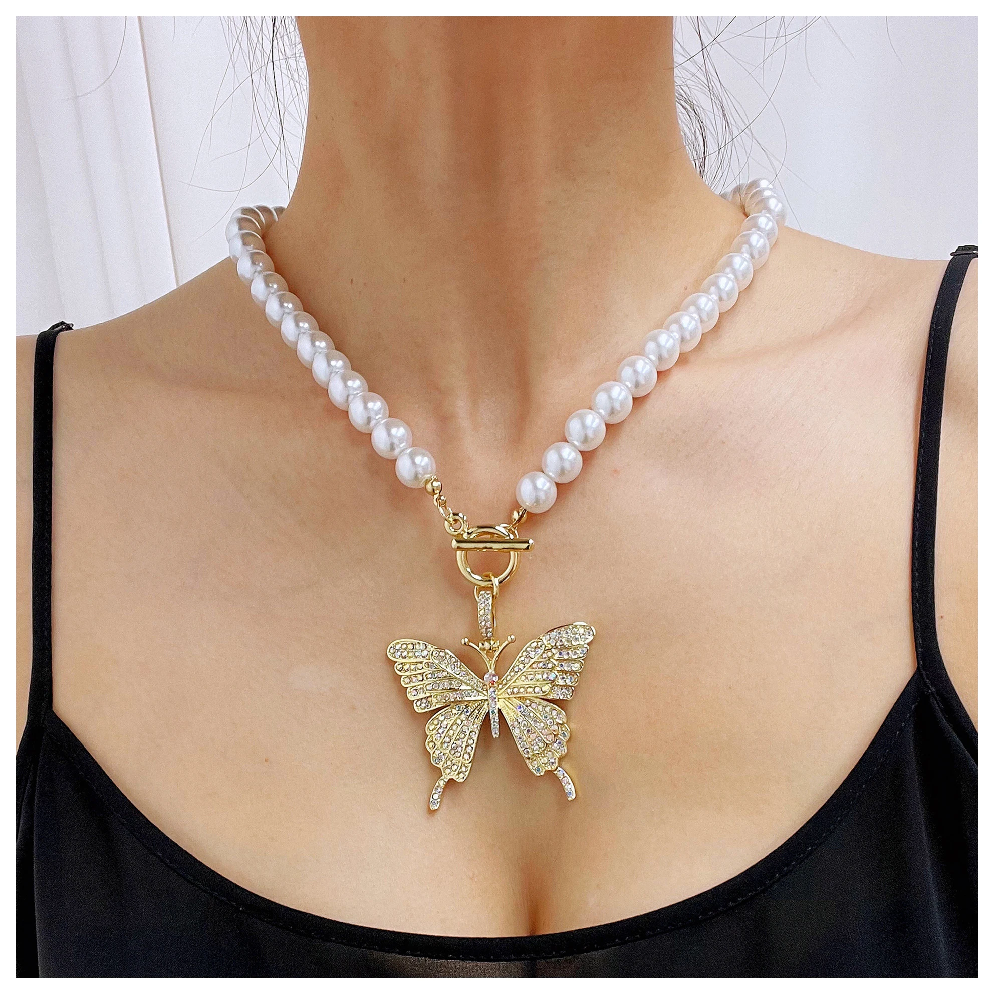 

Explosive jewelry butterfly clavicle chain female simple ins pearl butterfly necklace, Custom color