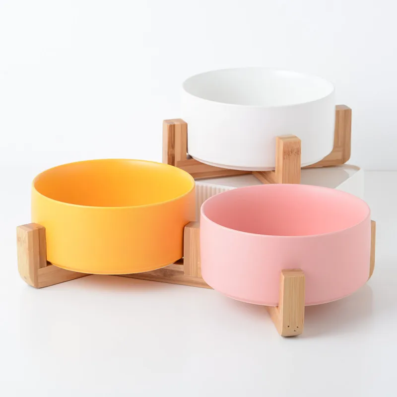 

Factory wholesale multicolor ceramic wooden frame pet cat and dog bowl feeder, Green,yellow,grey,white,pink