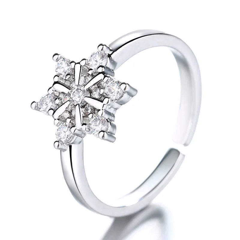 

New Fashion Simple Snowflake Ring Female Open Finger Ring Zircon Simple Trendy Jewelry Ring Wholesale