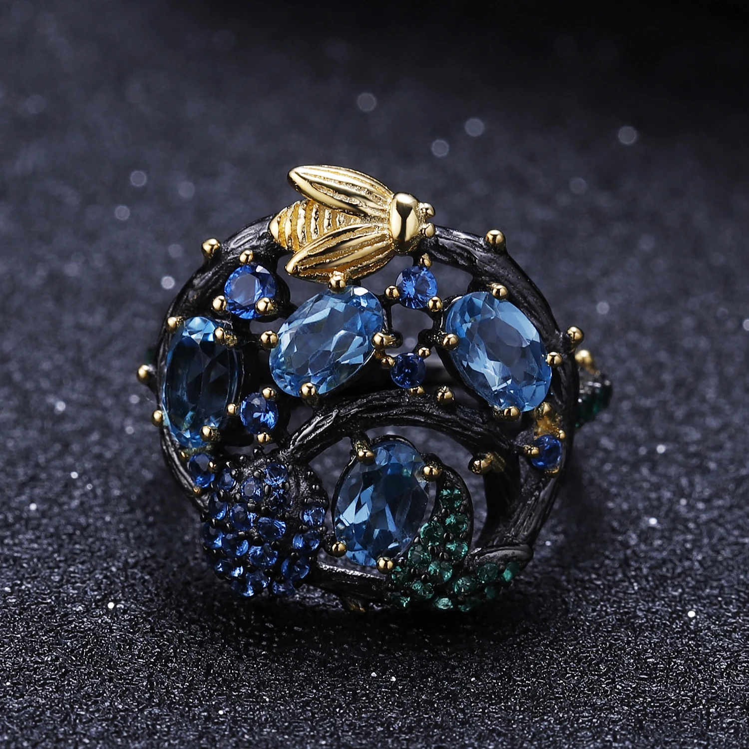 

Abiding Gun Black Plating Style Gold-color Plated Bee and Flower Ring Jewelry Natural Swiss Blue Topaz 925 Sterling Silver Rings