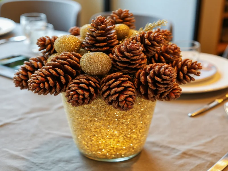 Glitter pinecone centerpiece in glass vase with gold accents