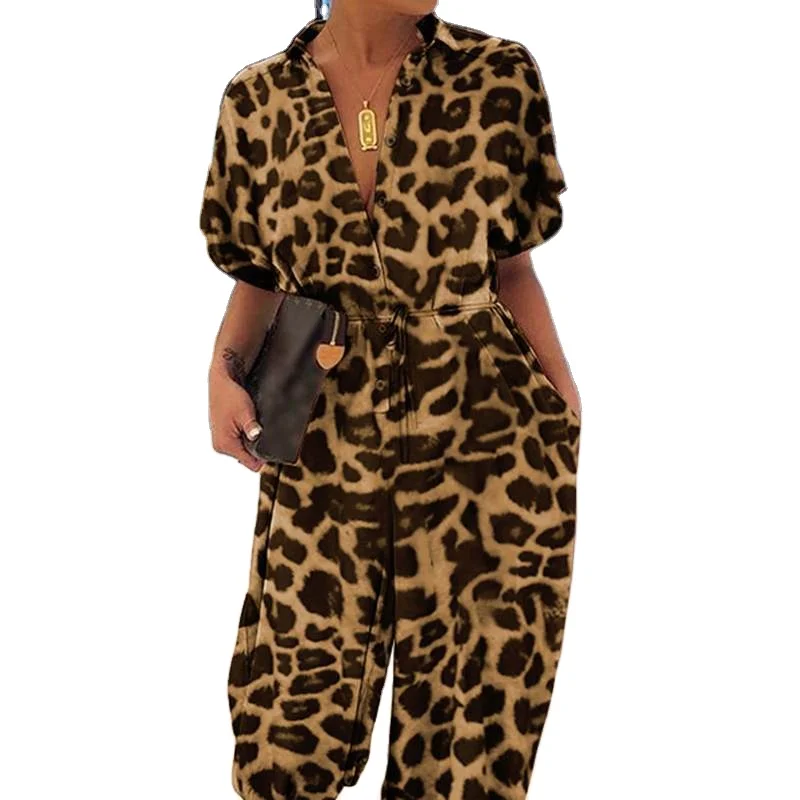 

QSH2047 2022 new arrival summer leopard casual full length plus size one piece women bodysuit jumpsuits, Picture