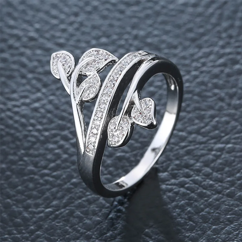 

Wholesale Factory Jewelry 18K Gold Plated Leaves Crystal Ring Bling CZ Zirconia Flower Ring For Women
