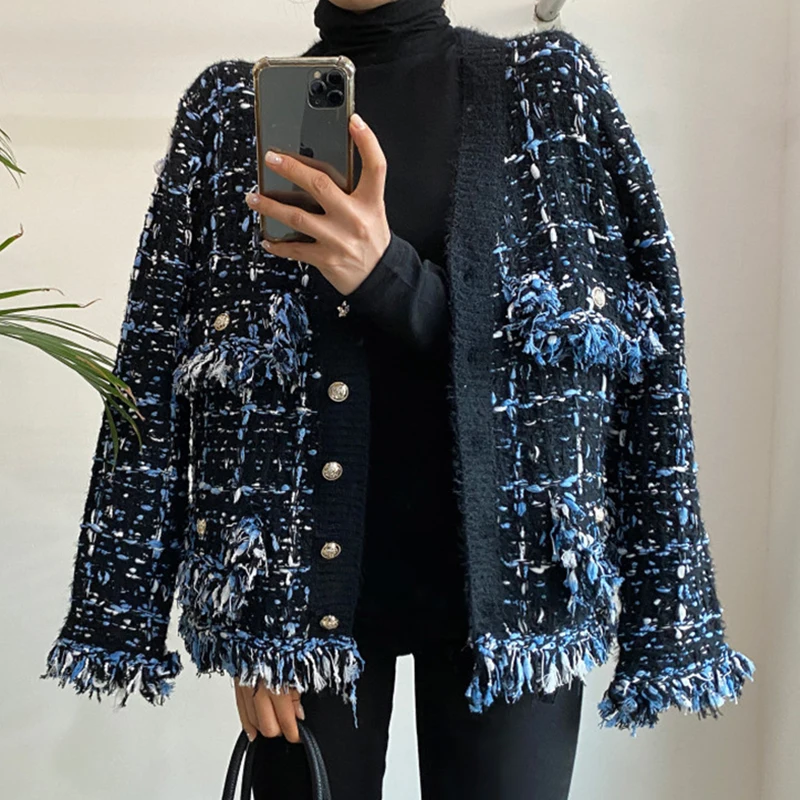 Wholesale 2026 Autumn and Winter Western Style Retro V-neck Fringed Fringe Mixed Color Knitted Cardigan Loose Sweater Coat
