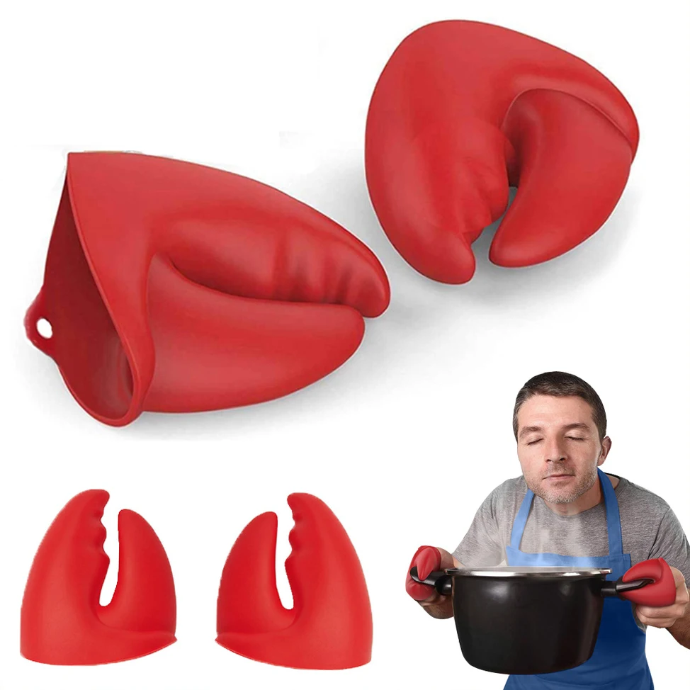 

1Pair Funny Lobster Claws Pot Holder Crab Oven Mitts Silicone Heat Resistant Gloves Kitchen Gadget For Bake Cook Barbecue, Red