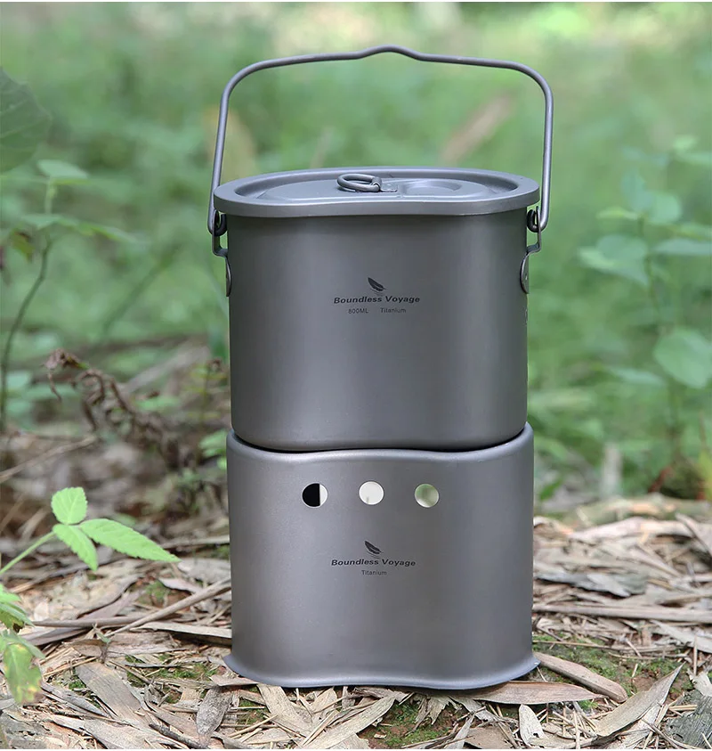 

Boundless Voyage Outdoor 2 in 1 Canteen Cup Titanium Foldable Mini Size Wood Burning Stove with Camping Pot, Silver