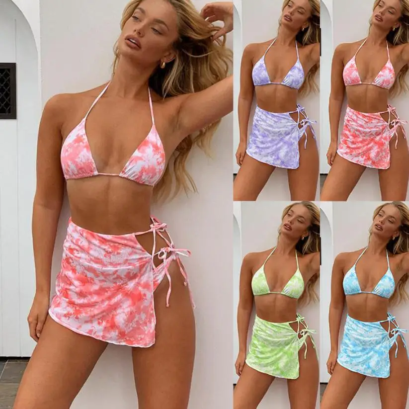 

2021 new arrival Women Sexy Beach wear Tie dye Comfortable Sandbeach Three Pieces Bikini swimsuit