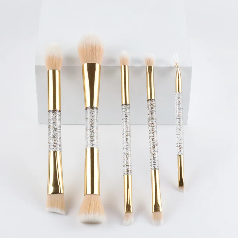 

Amazon Hot Sale 5 Pcs Make Up Tool Gold Luxury Custom Double End Brush Set Makeup, As the picture