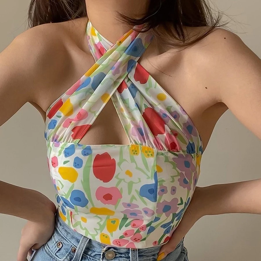 

Nibber K21L00430 Floral Colorful Printed Camisole Womens Cross Halter Backless Corset Crop Top Lady Casual Tops Wholesale Custom