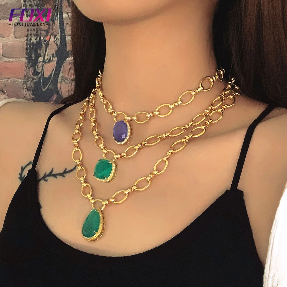 

green purple jewelry semi joias fusion stone brass gold plated link chain pendant necklace