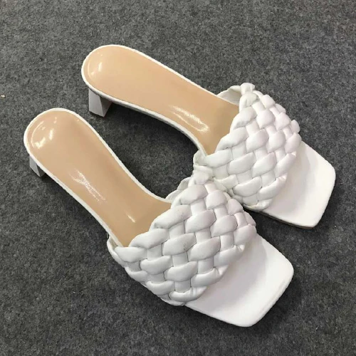 

Goxeou Fashion Large Size 46 Woven Sexy Square Toe Mules Open Toe Sandals Shoes Kitten Heels Slippers for Ladies Block Heels