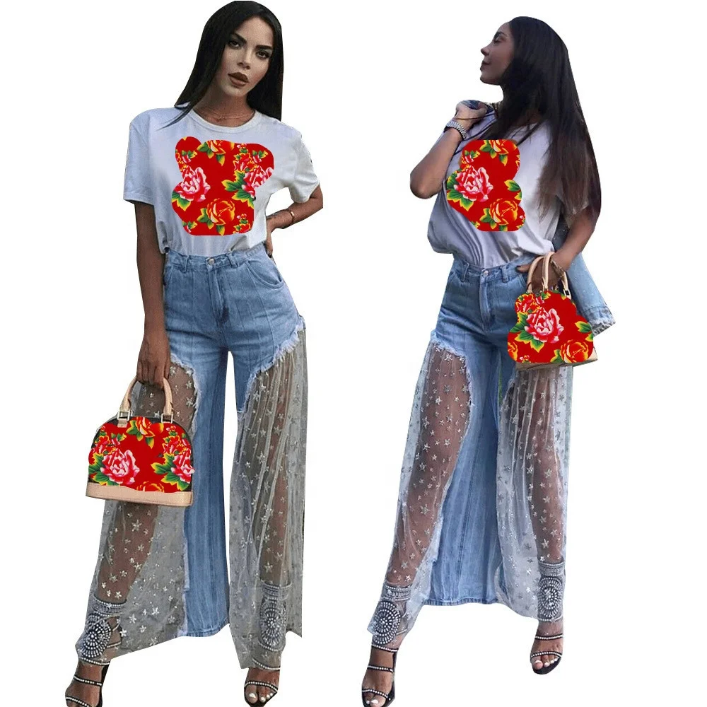 

B60884A New trousers personality mesh patchwork wide-leg trousers rough edge star women's jeans, Picture