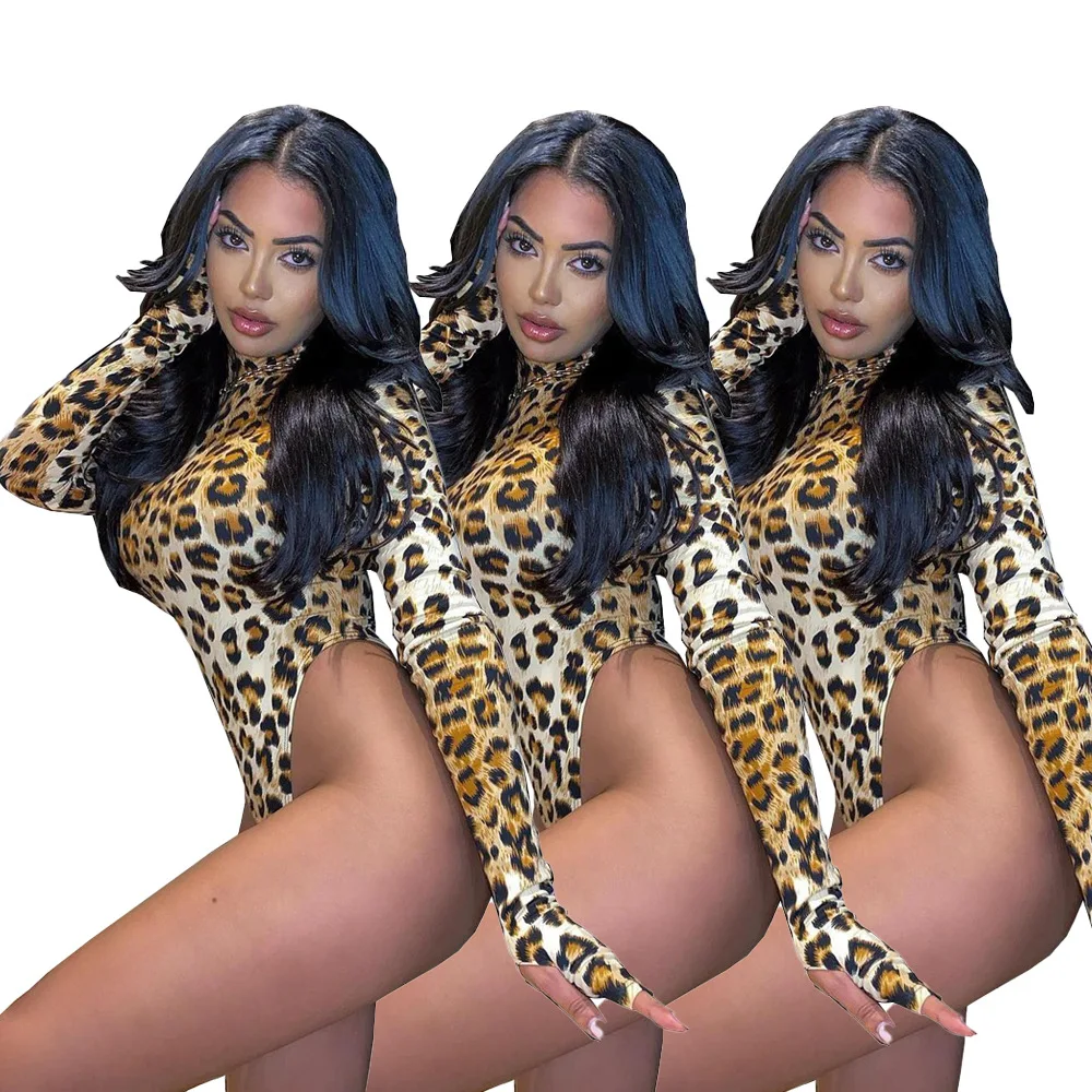 

B35613A In stock 2021 women sexy leopard print bodysuit bandage jumpsuit