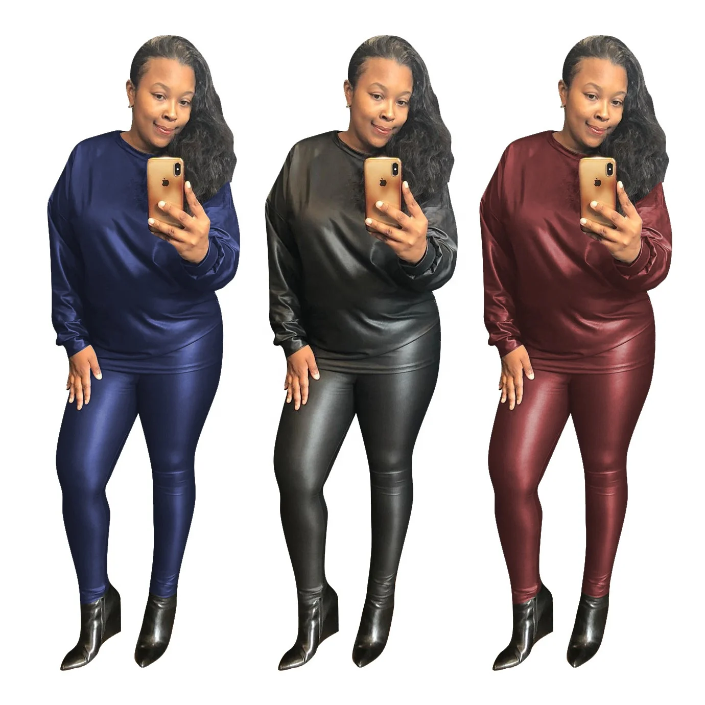 

B63789A European and American women's long-sleeved casual elastic PU leather pencil pants two-piece set, Black/dark blue/wine red