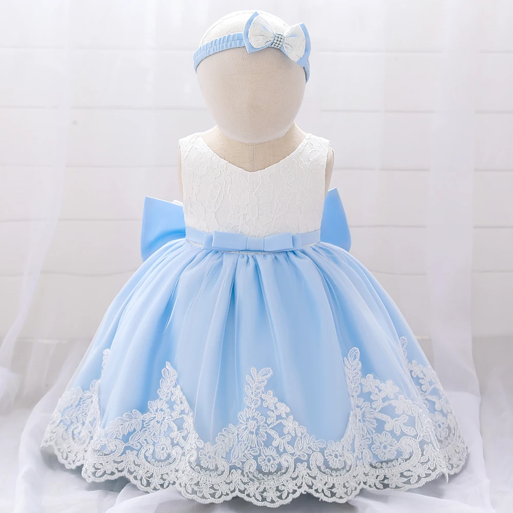 

Wholesale Newborn baby girl dress floral christening party event frock little princess skirt with free hairband L1911XZ