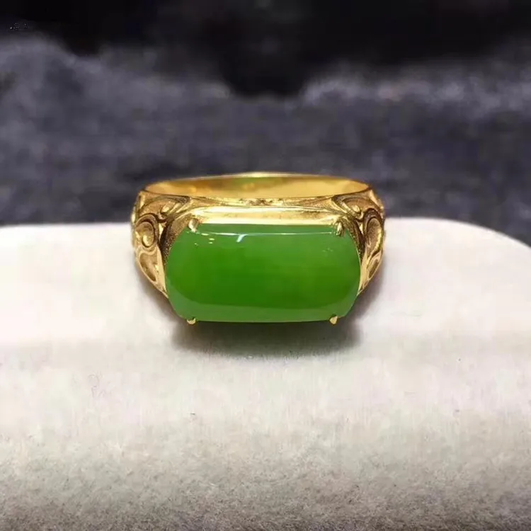 

wholesale Chinese classic luxury jade gemstone jewelry 18k gold men ring natural apple green hetian jasper ring