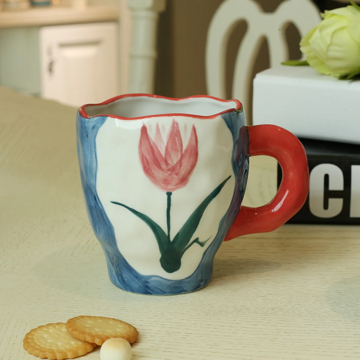 

New Ceramic Mug Set Creative Special Hand Painted Blue Flower Coffee Cup Tableware