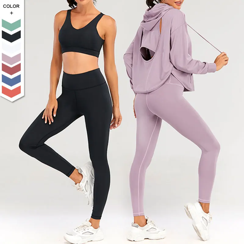 

Trendy Apparel Women Wears Fitness Solid Color Activewear Set 3 Piece Quick Dry Women Hoodies Sport Suit