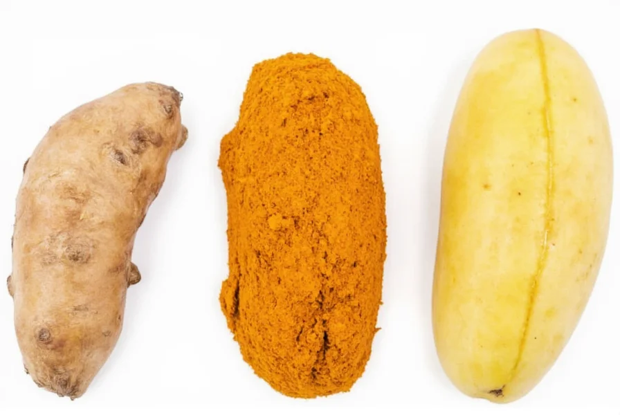 Side-by-side comparison of ginger, turmeric, and galangal roots showing differences in shape, color, and texture