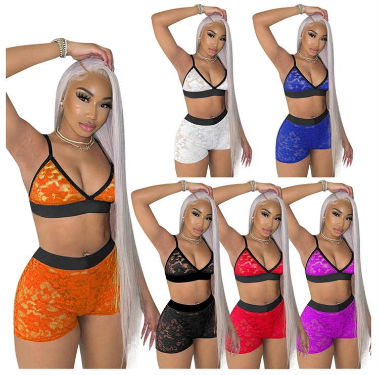 

MISS Casual Lace Hollow Out Bikini Women Clothing Short 2 Piece Pants Set Swimwear Plus Size Swim Suit Set Sexy