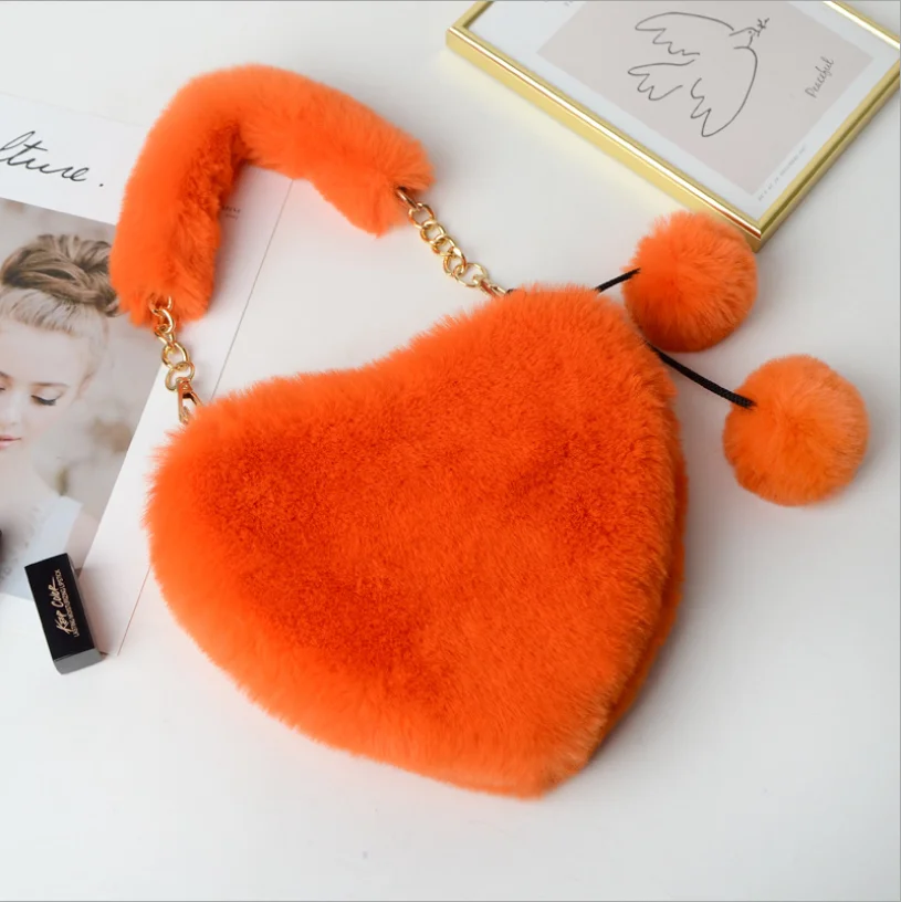 

2020 New designer lady fashion handbag cute plush heart fur bag for girls female furry love chain handbag, Red, black, pink, watermelon red, light khaki, ginger