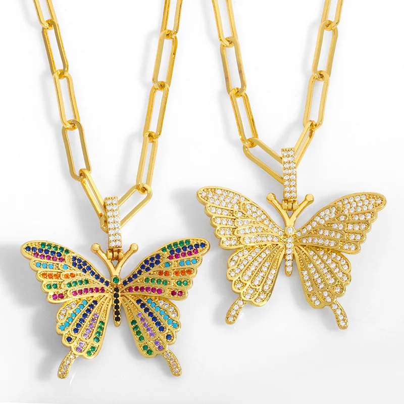 

Weihao Colorful Micro-inlaid Zircon Hip Hop Personality Trendy Clavicle Chain Necklace Hip Hop Butterfly Pendant Necklace, As picture show